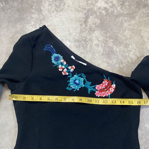 Rachel Zoe Dress 4 Black Harper Floral Sequins Off Shoulder Bell Sleeve Mini - Picture 3 of 12